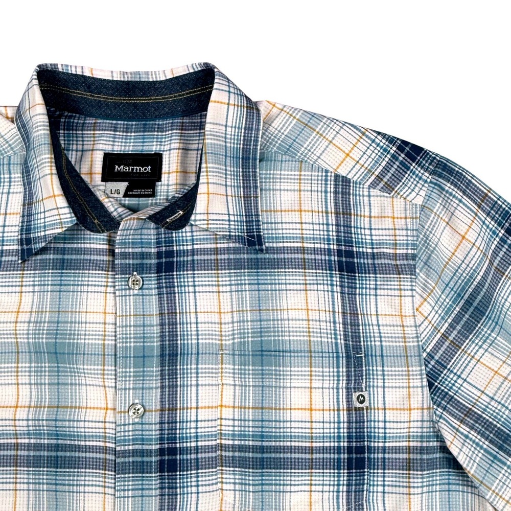 Marmot Blue Plaid Short Sleeve Button Down Outdoor Hiking Shirt Mens Large